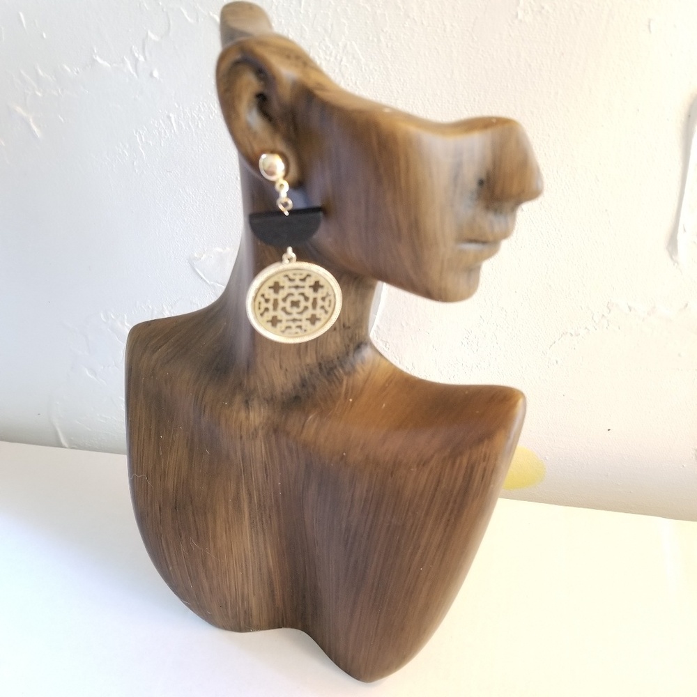 Wooden Half Disc And Faux Leather EARRINGS